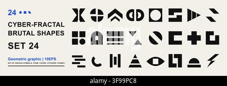 Set di 24 forme frattali cyber brutal e simboli vettoriali geometrici neobrutalisti con elementi di design grafico minimalisti monocromi per il branding Illustrazione Vettoriale