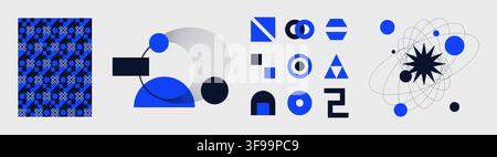 Set di elementi di design vettoriale geometrico astratto moderno con motivi senza cuciture di glifi Bauhaus e layout di simboli di branding neobrutalista Illustrazione Vettoriale