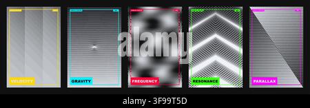 Set di modelli di poster vettoriali geometrici monocromi astratti con motivi a linee di illusione ottica ed etichette neon per il design moderno della copertina Illustrazione Vettoriale