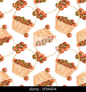 Modello senza cuciture del cesto di paglia con i pomodori. Illustrazione acquerellata. Opera d'arte fatta a mano. Per il design di imballaggi, biglietti, copertine, stampe Foto Stock