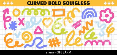 Squiggle colorati e curvi con il pennello. Cuori, frecce, spirali e forme arcobaleno. Segnali astratti e audaci per elementi di design giocosi Illustrazione Vettoriale