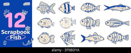 Set di pesci per scrapbooking. Creature marine ritagliate in stile matita disegnato a mano con texture di scarabocchio Illustrazione Vettoriale
