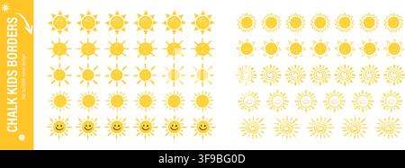 Set di bordi sole per asilo nido. Separatori disegnati a mano per biglietti per bambini, cornici fotografiche per bambini. Illustrazione Vettoriale