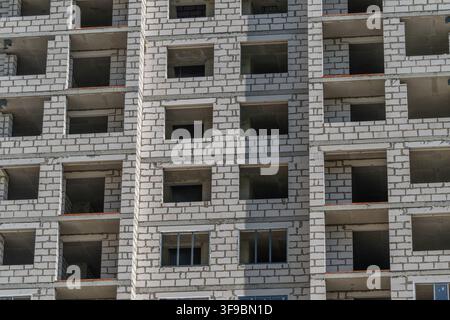Una struttura in cemento alta si erge vuota con numerose finestre aperte in una vivace area urbana durante il giorno, evidenziando il progresso dello sviluppo urbano Foto Stock