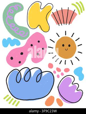 Un insieme giocoso disegnato a mano di forme astratte organiche a blob in colori pastello e vivaci, con un personaggio del sole sorridente, una forma a rene a pois, ecc. Foto Stock