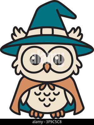 Piccolo gufo carino con cappello da mago, cappello da strega verde acqua e mantello, illustrazione vettoriale di Halloween, clip art grafica Illustrazione Vettoriale