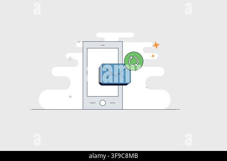 Telefono mobile con icona di aggiornamento email per la sincronizzazione di messaggi e aggiornamenti della casella di posta Illustrazione Vettoriale