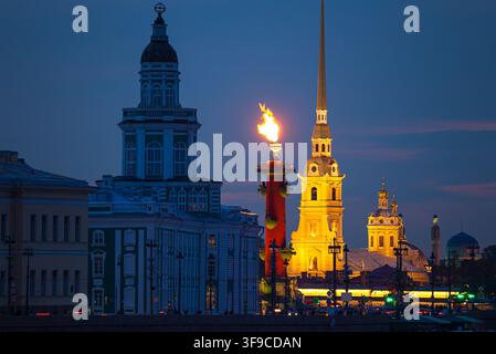 La Kunstkamera, le colonne rostrali in fiamme e la cattedrale Pietro e Paolo. Celebrazioni della Giornata della Marina di notte. Russia, San Pietroburgo – 26 luglio 202 Foto Stock