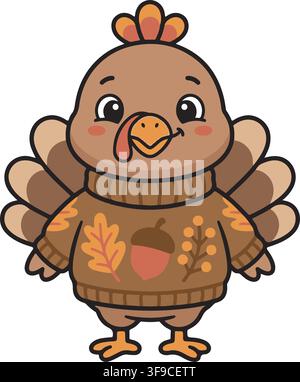 Simpatico tacchino bambino del Ringraziamento con maglione di lana autunnale e coperta accogliente a forma di foglia di ghianda, illustrazione vettoriale autunnale, clipart grafico Illustrazione Vettoriale