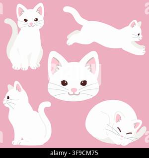 Set di illustrazioni di gatti bianchi semplici e adorabili a colori piatti Illustrazione Vettoriale