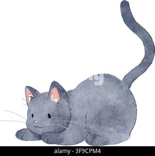 Grazioso gatto blu curioso disegnato a mano in acquerello Illustrazione Vettoriale