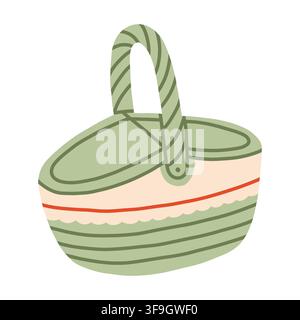 Cesto da picnic intrecciato illustrazione vettoriale. Ideale per picnic estivo, conservazione degli alimenti, pranzo all'aperto, uscite al parco e design vettoriali primaverili Illustrazione Vettoriale