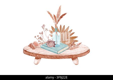 Tavolo di legno, libro, vaso, conchiglie, erba secca e foglia di palma composizione decorativa costiera ad acquerello. Dipinto a mano per biglietti di auguri, cartoleria Foto Stock
