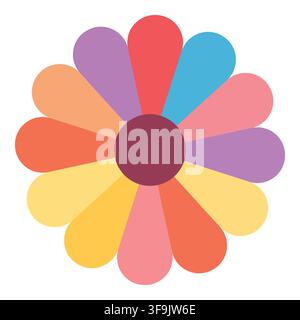 Icona retrò a forma di fiore multicolore con petali colorati per l'arte del design creativo Illustrazione Vettoriale