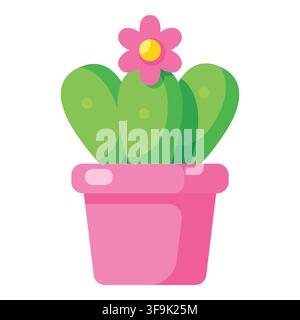 Grappolo di cartone animato carino con un fiore rosa in un vaso rosa, illustrazione in design piatto Illustrazione Vettoriale
