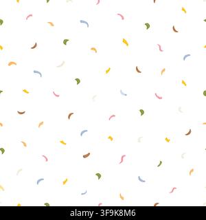 Modello senza cuciture con coriandoli e forme curve colorate sparse in stile vettore, forme giocose rosa, blu, verdi, gialle, arancioni e marroni per feste Illustrazione Vettoriale