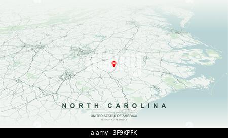 Mappa vettoriale minimalista moderna dello stato della Carolina del Nord, USA, con geografia del contorno, Outer Banks, rete autostradale e città principali per il design artistico di poster stampati. Illustrazione Vettoriale