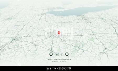 Mappa vettoriale minimalista moderna dello stato dell'Ohio, USA, con geografia del contorno, lago Erie, rete stradale e città principali per poster stampati, arte murale, decorazione per la casa. Illustrazione Vettoriale