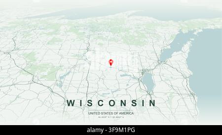 Mappa vettoriale minimalista moderna dello stato del Wisconsin USA con geografia del contorno, Grandi Laghi, rete stradale e città principali per il design di poster da parete stampati. Illustrazione Vettoriale