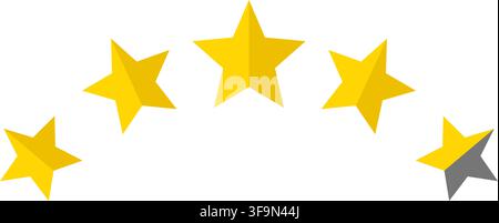 Scala di valutazione a cinque stelle arco di stelle dorate con una stella grigia recensione feedback indicatore di livello di qualità design piatto semplice sistema di punteggio valutazione sy Illustrazione Vettoriale