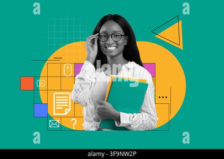 Donna afroamericana sorridente con occhiali che tiene libri in ufficio, concetto di educazione Foto Stock