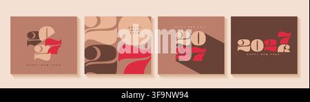 Set di eleganti biglietti di auguri per il Capodanno 2027. Poster e banner minimalisti per un evento felice con grandi numeri rossi del nuovo anno. Modello per design, volantino, web, copertina, calendario. Illustrazione vettoriale Illustrazione Vettoriale