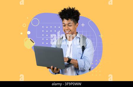 Giovane studente nero felice che utilizza un laptop in studio, concetto aziendale Foto Stock