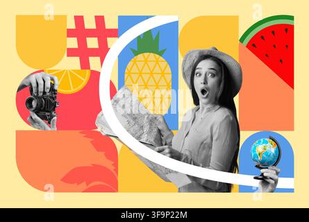 Donna sorpresa che tiene una mappa e un globo con fotocamera, concetto di viaggio Foto Stock