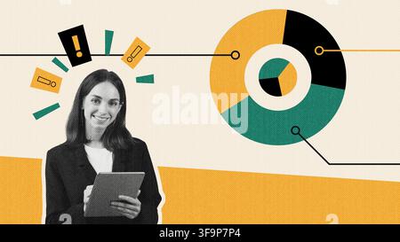 Giovane donna sorridente che tiene un tablet e controlla i dati in ufficio, concetto aziendale Foto Stock