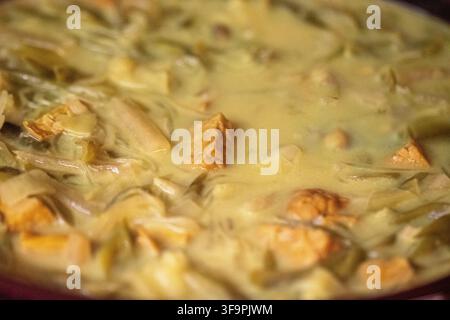 Una vista ravvicinata di uno stufato di curry al latte di cocco giallo di stile malese ricco e cremoso (Sayur Lemak) con pezzi di tempeh rosolati, cipolle affettate, un Foto Stock