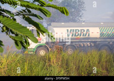 Camion cisterna per carburante che procede lungo una strada statale rurale incorniciata da vegetazione in primo piano e erba alta attraverso il fumo degli incendi Foto Stock