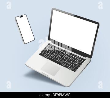 Caduta di laptop e smartphone isolati su sfondo blu. Illustrazione vettoriale. Illustrazione Vettoriale