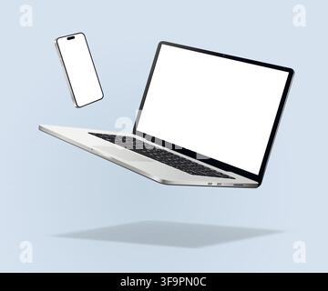 Caduta di laptop e smartphone isolati su sfondo blu. Illustrazione vettoriale. Illustrazione Vettoriale