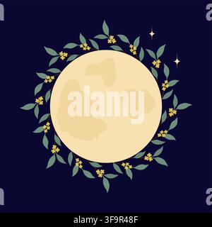 Cornice lunare di rami di Trachelospermum con fiori gialli su sfondo scuro metà autunno spazio libero modello. Adatto per poster del festival di metà autunno, biglietti, inviti, etichette, banner e design per i social media Illustrazione Vettoriale