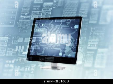 Concetto di connessione Internet protetta con un monitor che mostra attività di elaborazione dei dati protette con una serratura Foto Stock