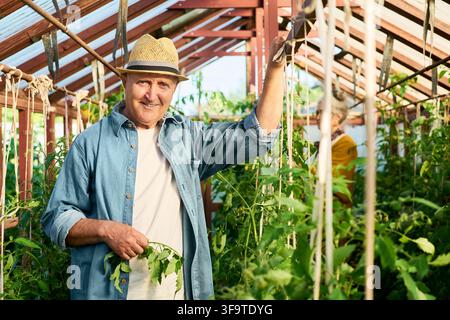 Ritratto di un uomo anziano che sorride mentre giarda in una serra Foto Stock