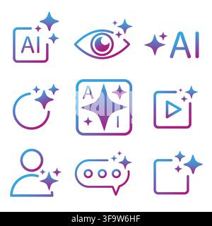 Set di vettori di sfumatura di tecnologia di intelligenza artificiale con scintille magiche. Evidenzia strumenti di algoritmo automatizzati intelligenti Illustrazione Vettoriale
