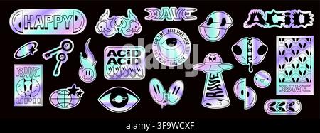 Icone olografiche con grafiche acide alla moda su sfondo nero. Illustrazione vettoriale realistica di adesivi metallici sfumati con emoji sorridente, UFO alieno, forme rave astratte, design estetici retrò Illustrazione Vettoriale