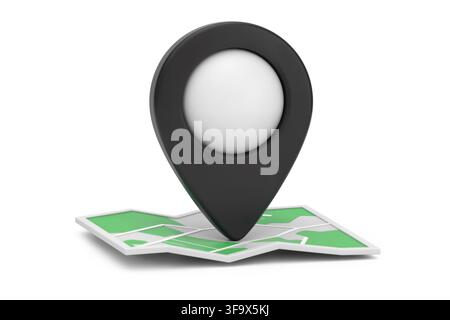 Rendering 3D di un marcatore di posizione su mappa nero con un cerchio bianco su una mappa piegata, caratterizzato da una superficie liscia opaca e una luce piatta uniforme. Foto Stock