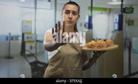 Donna panettiera tiene un vassoio di legno con muffin mentre mostra il palmo della mano in avanti per fermarsi al controllo di sicurezza dell’aeroporto; rifiuto fermo. Foto Stock
