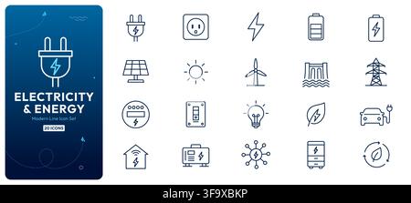 Set di icone lineari per elettricità ed energie rinnovabili con spina elettrica, pannello solare, turbina eolica e batteria. Illustrazione Vettoriale
