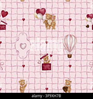 Motivo ad acquerello senza cuciture con orsacchiotto e palloncini volanti di nastri ondulati che creano una griglia quadrata. Sfondo carino con animali per il vivaio Foto Stock