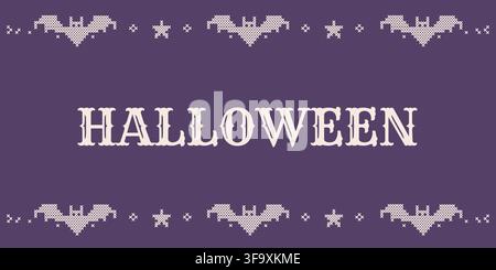 Modello di banner senza cuciture o biglietto di auguri con ricamo a punto croce a forma di pipistrello e stella per Halloween. Sfondo di arte popolare ricamata vintage pixelata con Illustrazione Vettoriale
