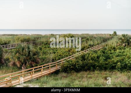 Una passerella di legno si snoda attraverso le dune costiere fino all'oceano Foto Stock