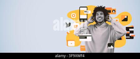 Giovane uomo nero sorridente che ascolta musica con le cuffie, sfondo colorato con icone dei social media Foto Stock