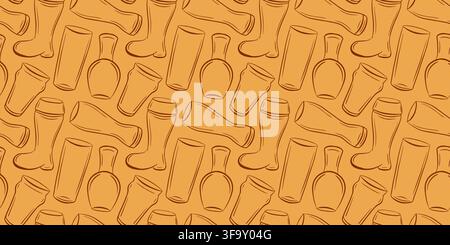 Modello senza cuciture di bicchieri di birra in stile arte lineare, sfondo ripetuto di pub e bevande per tessuti, carta da parati, packaging, design per celebrazioni, vettore Illustrazione Vettoriale