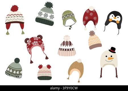 Set grande di cappelli invernali a raster, collezione di beanie lavorati a maglia comodi e cappelli con paraorecchie con motivi nordici isolati su sfondo bianco Foto Stock