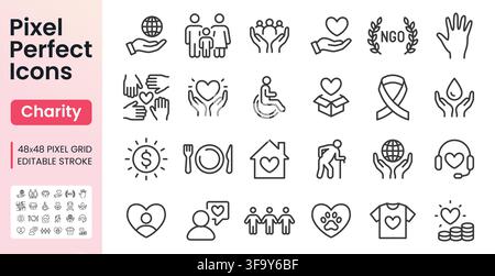 Set di icone lineari di beneficenza. Donazione, volontariato, ONG, aiuto umanitario, cibo, riparo e raccolta fondi, illustrazione vettoriale lineare minima. Contorno semplice Illustrazione Vettoriale