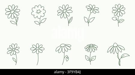 Collezione di 10 illustrazioni di fiori di margherita disegnati a mano in stile line art con diverse forme di fiori, steli e foglie. Elementi botanici minimali Illustrazione Vettoriale