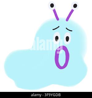Personaggio mostruoso a forma di nuvola blu chiaro disegnato a mano con un'espressione sorpresa, due antenne sormontate da occhi, sopracciglia preoccupate e bocca aperta. Foto Stock